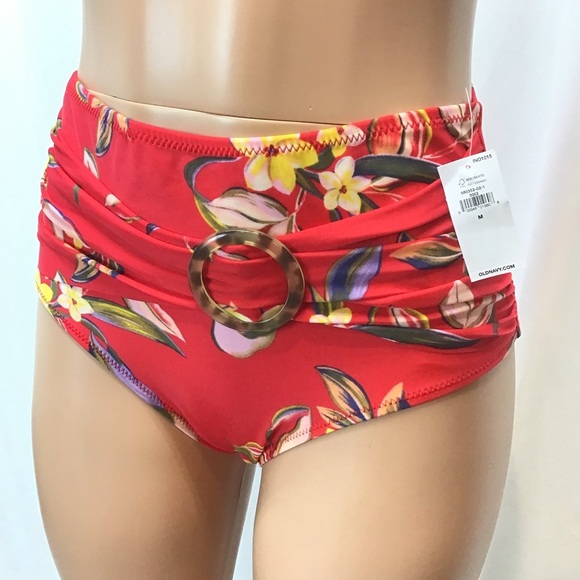 Old Navy Womens Red Floral High Waisted Belted O-Ring Bikini Bottom Size Medium - Picture 2 of 8